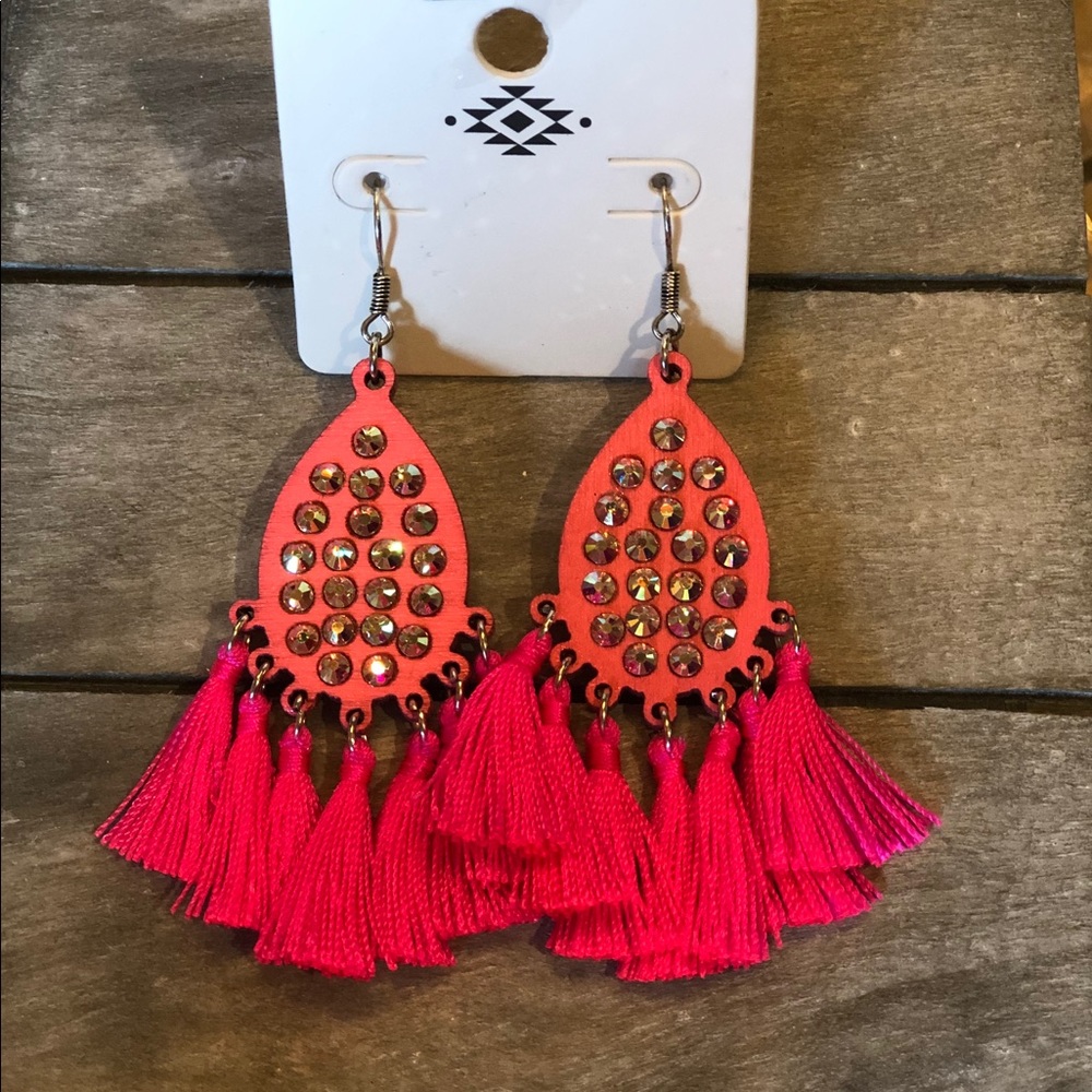 Wood crystal fringe earrings